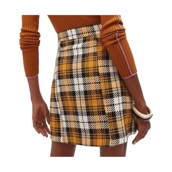 Maeve Anthropologie Clueless Mini Skirt Yellow Black White Tartan Plaid Knit Sz - Picture 3 of 11